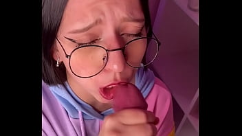 Asian college girl with glasses gives blowjob after class